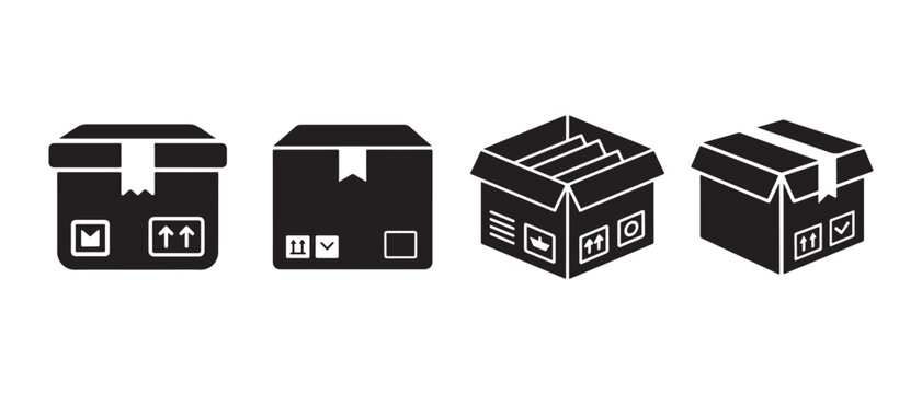 Set of black cargo shipping box icons. on a white background, including sealed and open containers.
