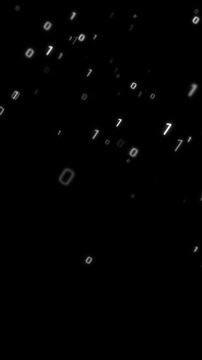 Vertical video Floating binary numbers with glowing particles on black background, digital data code animation, futuristic technology video overlay template