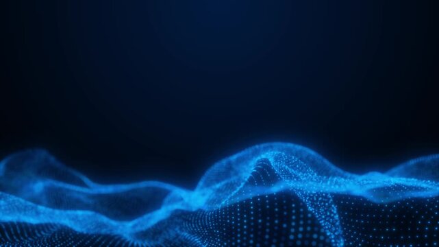 Abstract technology blue wave with motion glowing dots. Dark cyberspace in digital background. Connection big data. Futuristic wireframe texture. Dynamic analysis a network connection.
