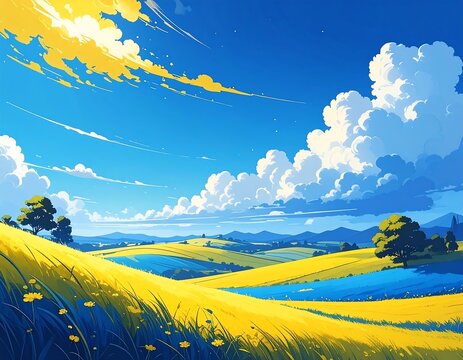 A vibrant illustration of a rolling landscape under a bright blue sky filled with fluffy clouds. The foreground features yellow fields