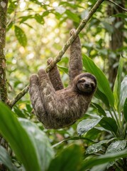 Three toed sloth hanging from tree branch in lush tropical rainforest with soft natural light © StocksByShahat