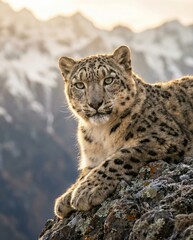 Fototapeta premium Majestic snow leopard resting on a rocky cliff representing high altitude wildlife conservation