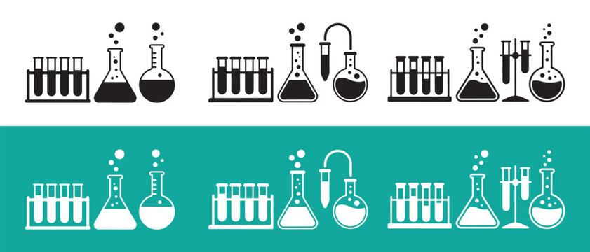 Laboratory glassware icons set. with various beakers, conical flasks, round-bottom flasks, and test tubes in racks, symbolizing science research and experiments.