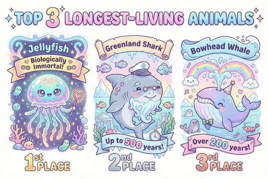 Cute pastel infographic illustrating the top three longest living animals including immortal jellyfish and Greenland shark