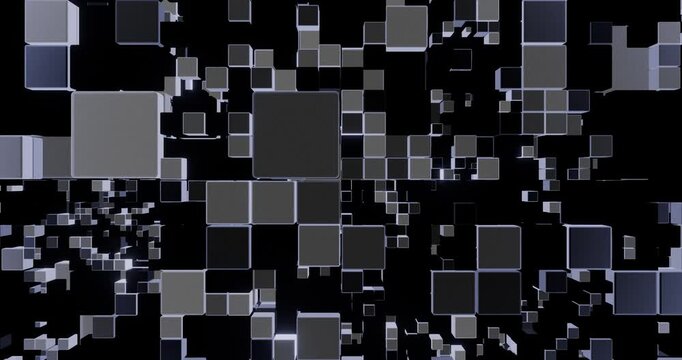 銀色の無数の大小の箱がタイル状に並ぶ抽象的なループアニメーション：４K