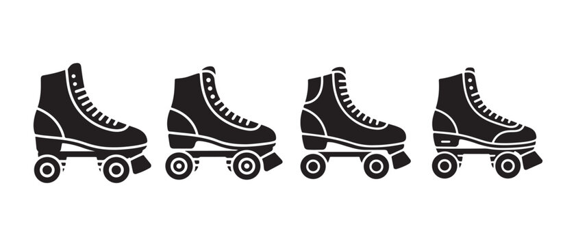 Classic Black Roller Skates Vector Icons. Row on White Background, Retro Quad Skate Silhouette Illustration Set.