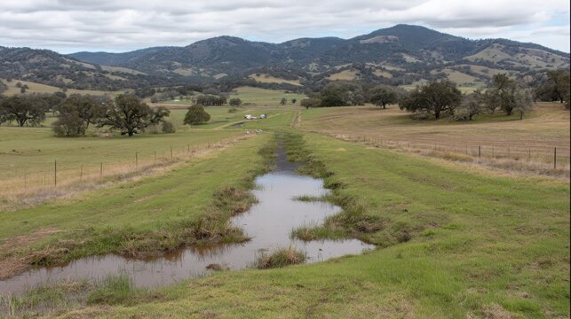 Agricultural landscape featuring a grass swale with water retention in hilly terrain