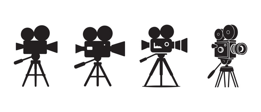 Set of vintage movie camera silhouettes on tripods, classic film production and cinema icons on white background.