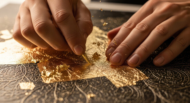 Hands Applying Gold Leaf to a Surface with Intricate Design.