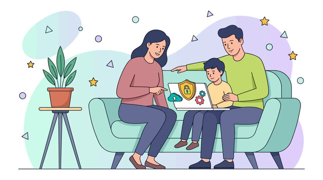 Family Cyber Security and Parental Control Concept Illustration with Parents and Child Using Laptop Safely at Home