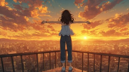 Fototapeta premium Anime girl standing with outstretched arms on rooftop railing, long dark hair, light blue ruffled top and jeans, glowing sunset cityscape, back view, dreamy painterly illustration