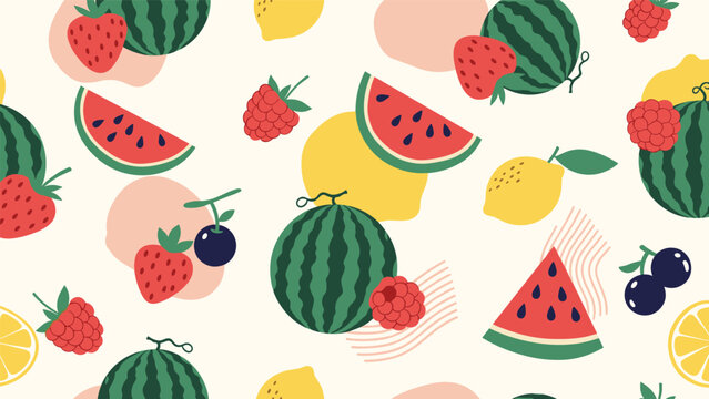 Colorful fruit pattern featuring strawberries raspberries lemons and watermelon slices mixed with abstract shapes on a light cream background.