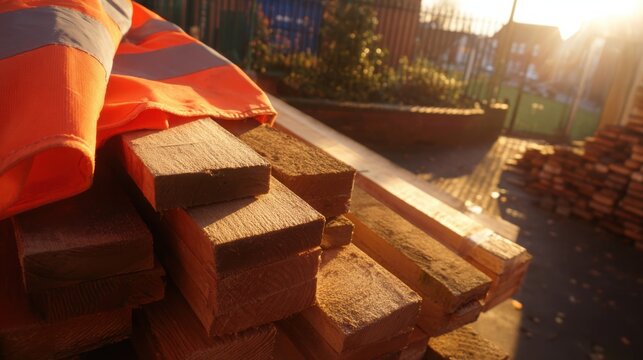 A vibrant hi-vis vest lies on a pile of durable wooden planks at an outdoor construction site, highlighting safety and material durability.