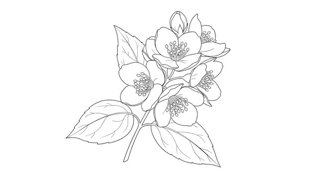 Delicate line drawing of jasmine flowers and leaves on a single branch presented as a clean botanical illustration on a white background.