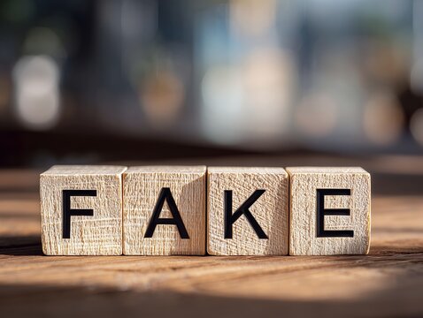 木のテーブルに置かれたFAKEの文字が刻まれた木製ブロックのクローズアップ写真