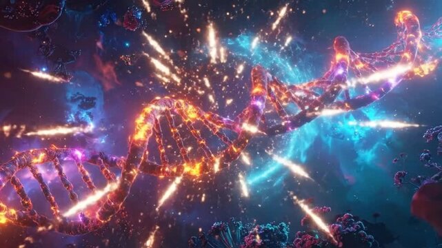 A vibrant and detailed illustration of a DNA double helix structure in a cosmic background.