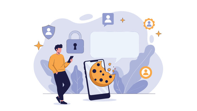 Privacy protection illustration shows a man leaning on a smartphone displaying a bitten cookie with security lock and icons.