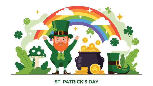 Happy st patrick day scene includes a leprechaun a bright rainbow a pot of gold coins and clovers in a magical landscape.