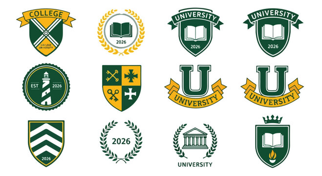 Vintage university crests and college emblems, set of 12 academic vector badges, green and yellow heraldic shields for school branding and graduation