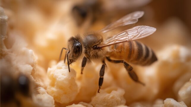 A newly hatched bee with delicate, undeveloped wings delicately eating in a macro close-up, highlighting insect life.