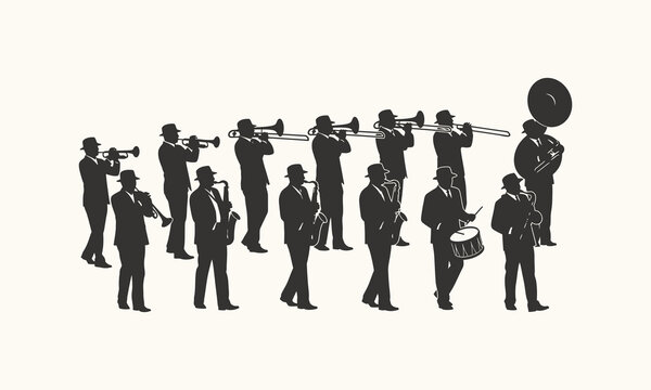 A marching band performing on street.