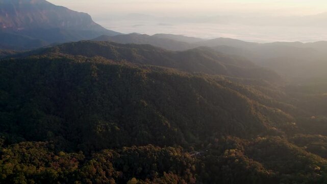 Landscape of Morning Mist with Mountain Layer. mountain ridge and clouds in rural jungle bush forest
