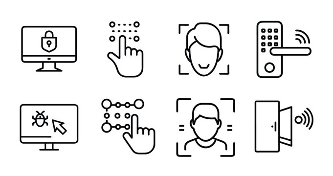 Cyber security and smart access icons set featuring face ID biometric lock computer protection and digital door system vector illustration with editable stroke.