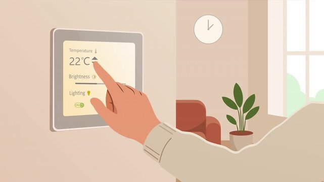 Hand adjusting smart home control panel interface on wall