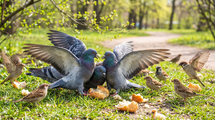 Fototapeta premium Pigeons and sparrows feeding on crumbs in a green park setting 