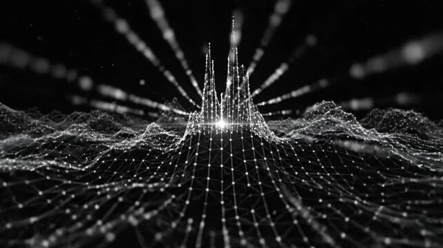 Abstract digital landscape with connected dots and bright light in the background, representing data and technology.