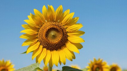Naklejka premium Single sunflower head standing in expansive sunflower field