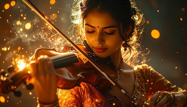 Young Indian Woman Playing Violin with Golden Sparkles.