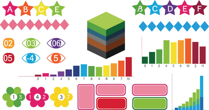 Colorful Infographic Element Set with Business Charts, Bar Graphs, Isometric Cube, Rating Stars, Flower Icons, and UI Labels for Data Presentation and Dashboard Design