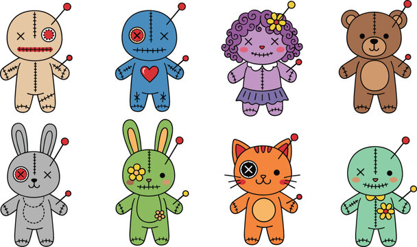 Creepy cute voodoo doll characters collection with stitched plush toys, spooky cartoon figures with pins and patches in colorful vector set isolated on white background