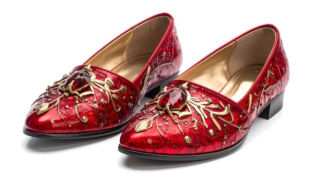 A pair of vibrant red, low-heeled footwear with intricate gold embellishments and a large, central jeweled accent