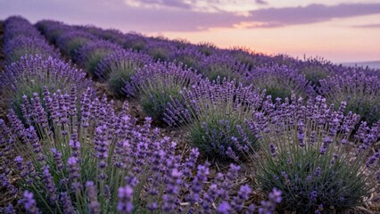 Obraz premium Close up lavender bushes with sunset sky on horizon