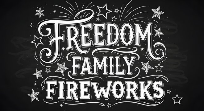 Chalkboard hand lettering design featuring freedom family fireworks for independence day celebration.