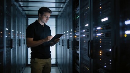 Fototapeta premium Man working with tablet in server room