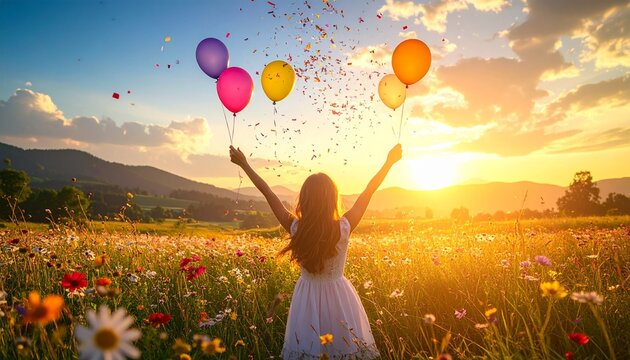 Young Woman Celebrating Joyfully with Balloons in a Sunlit Meadow.
