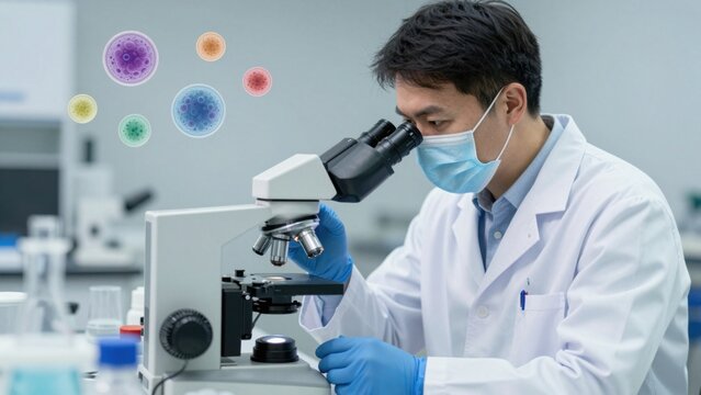 Scientist inspecting pathogens with microscope in clinical lab