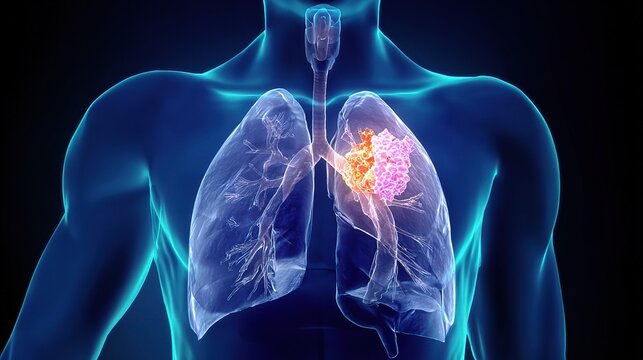 Medical illustration of lung cancer showing malignant pulmonary tumor, respiratory tract lesion, diagnostic imaging analysis and comprehensive clinical oncology treatment for thoracic healthcare 