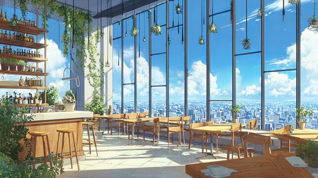Spacious rooftop caf&eacute; interior with floor to ceiling glass, wide cinematic anime city panorama, warm sunlight and lush hanging plants