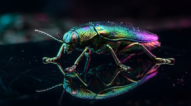 Close-up of a Colorful Beetle with Iridescent Shell on Dark Surface
