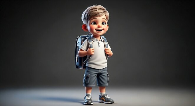 Smiling boy wearing blue backpack and gray cap standing