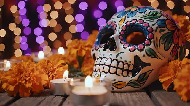 Calavera de az&uacute;car decorada con flores de cempas&uacute;chil y velas encendidas, concepto de celebraci&oacute;n de Cinco de Mayo y tradiciones mexicanas sobre mesa de madera con fondo bokeh.