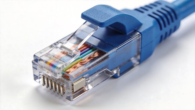 Closeup of a blue Ethernet cable connector