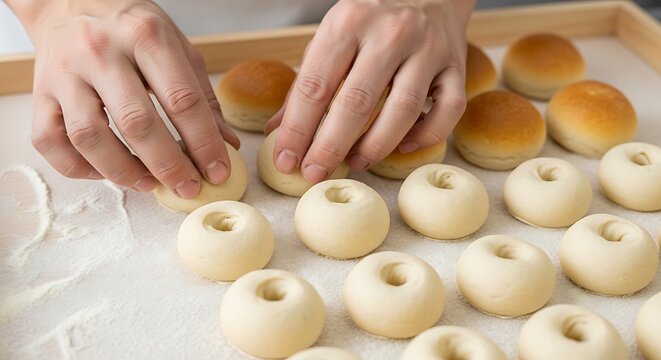 A close up view of hands using a wooden rolling pin to flatten small balls of dough for baking. padeiro