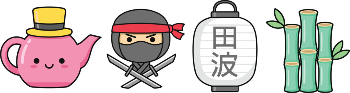 Cute Japanese-Inspired Icons Set with Teapot, Ninja, Lantern, and Bamboo Elements for Asian Culture, Tea, and Adventure Themes