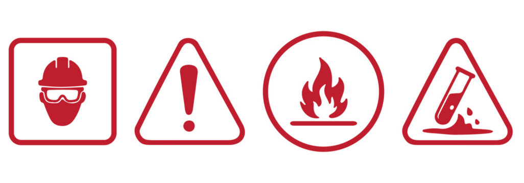 Biohazard, radiation, skull and crossbones, exclamation mark, flammable, chemical hazard, high voltage, explosive icon set. Hazard and warning sign icon set. Caution, danger, fire, high voltage, toxic