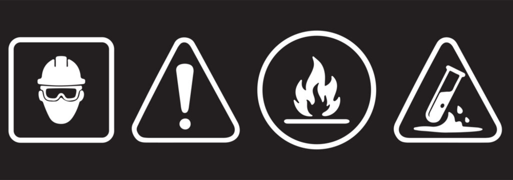 Biohazard, radiation, skull and crossbones, exclamation mark, flammable, chemical hazard, high voltage, explosive icon set. Hazard and warning sign icon set. Caution, danger, fire, high voltage, toxic